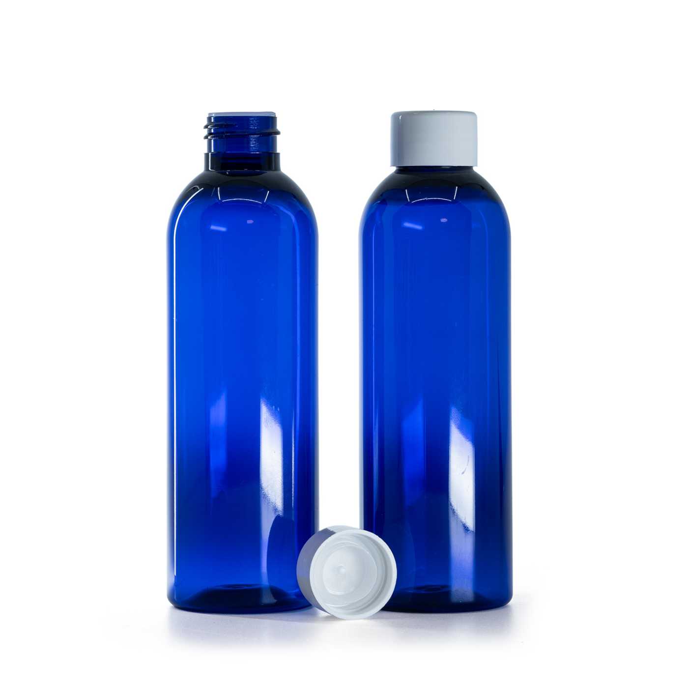 Plastová láhev, modrá, hladké bílé víčko s redukcí, 200 ml