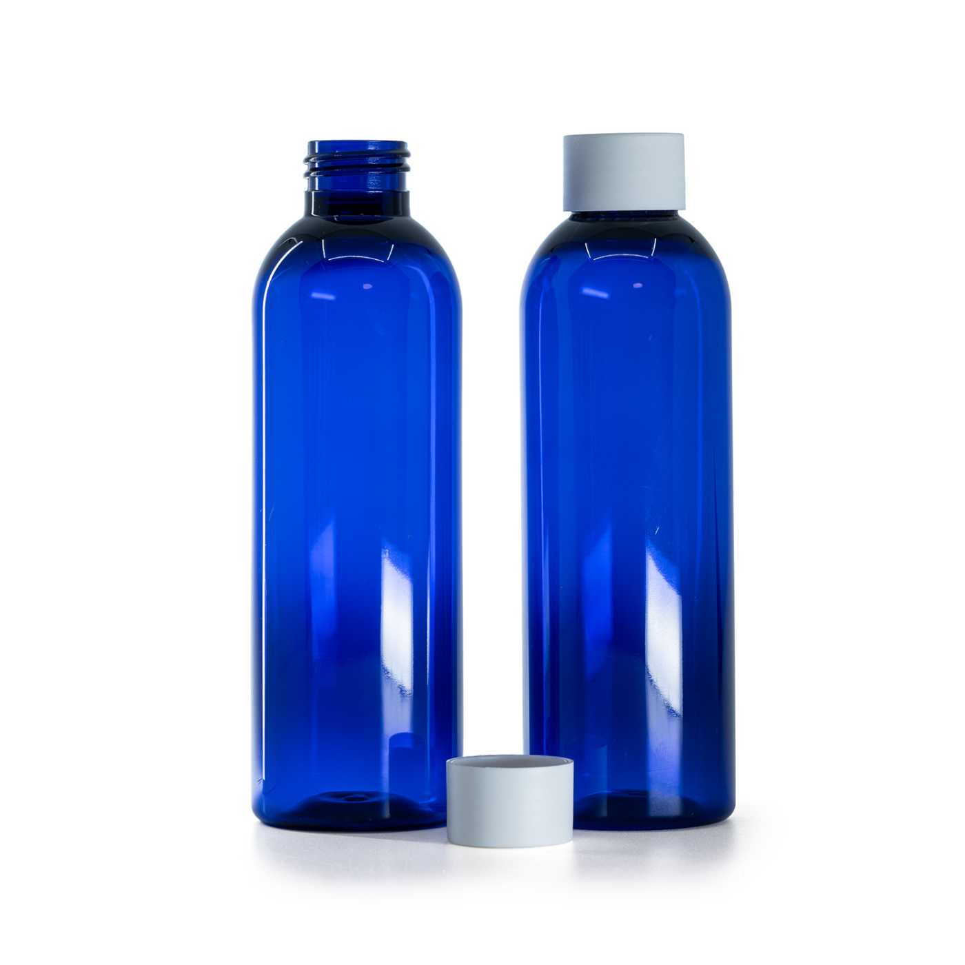 Botella de plástico azul, tapón blanco mate, 200 ml