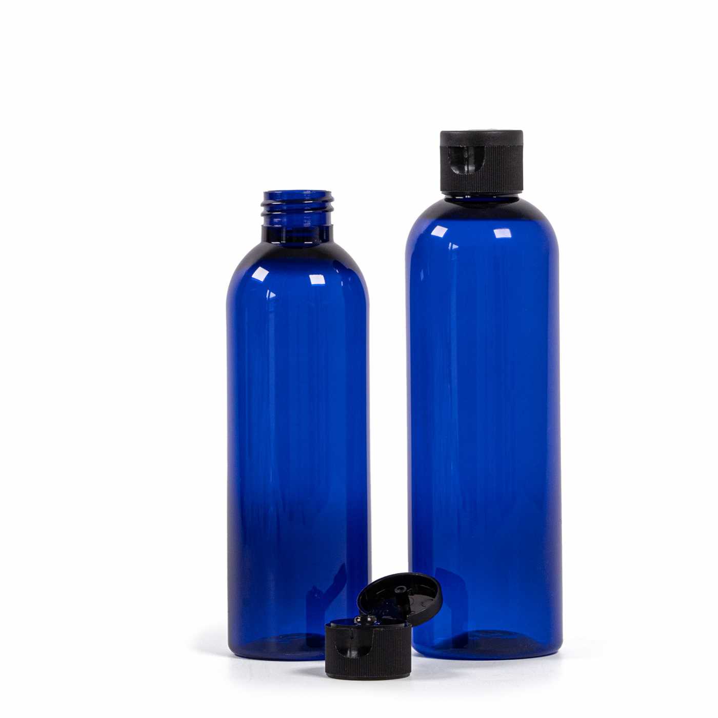 Bouteille en plastique bleue, bouchon flip-top noir, 200 ml
