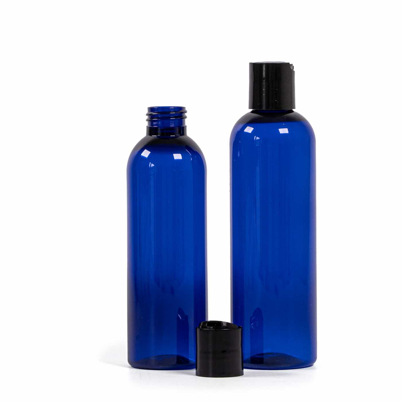 Flacon en plastique bleu, bouchon disc-top noir, 200 ml