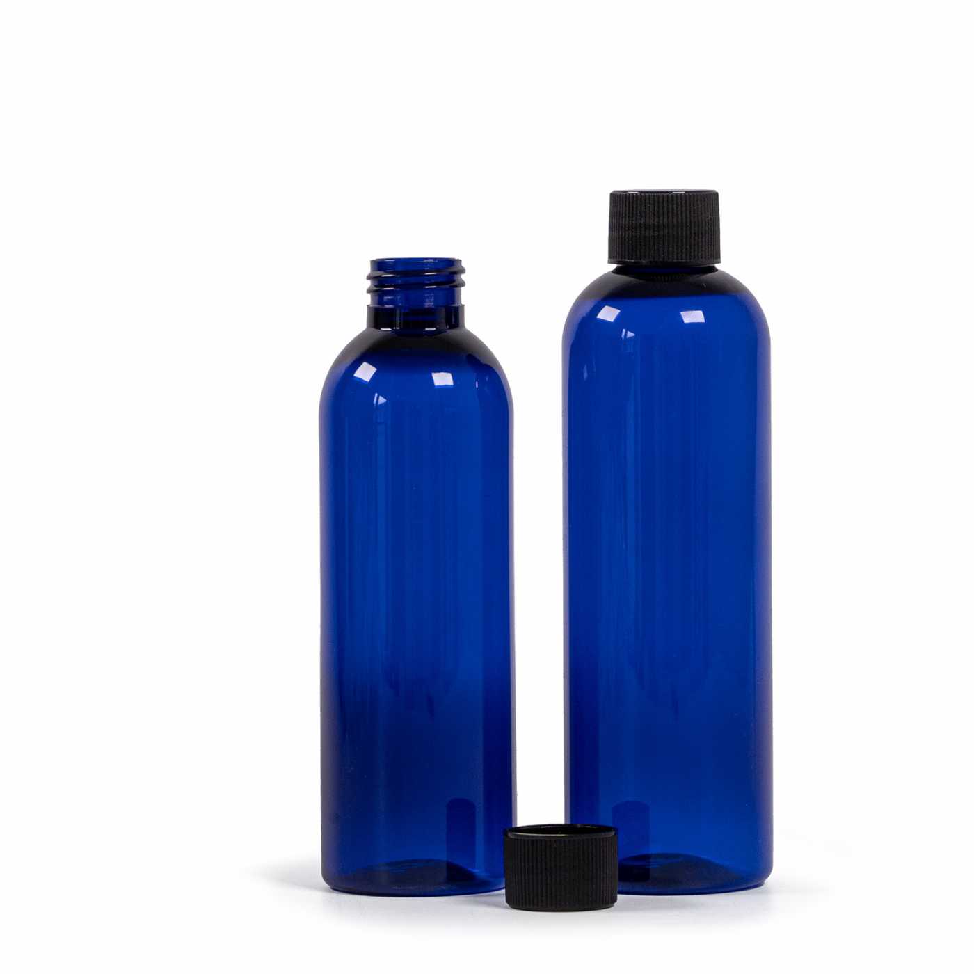 Butelka plastikowa, niebieska, czarna nakrętka ryflowana, 200 ml