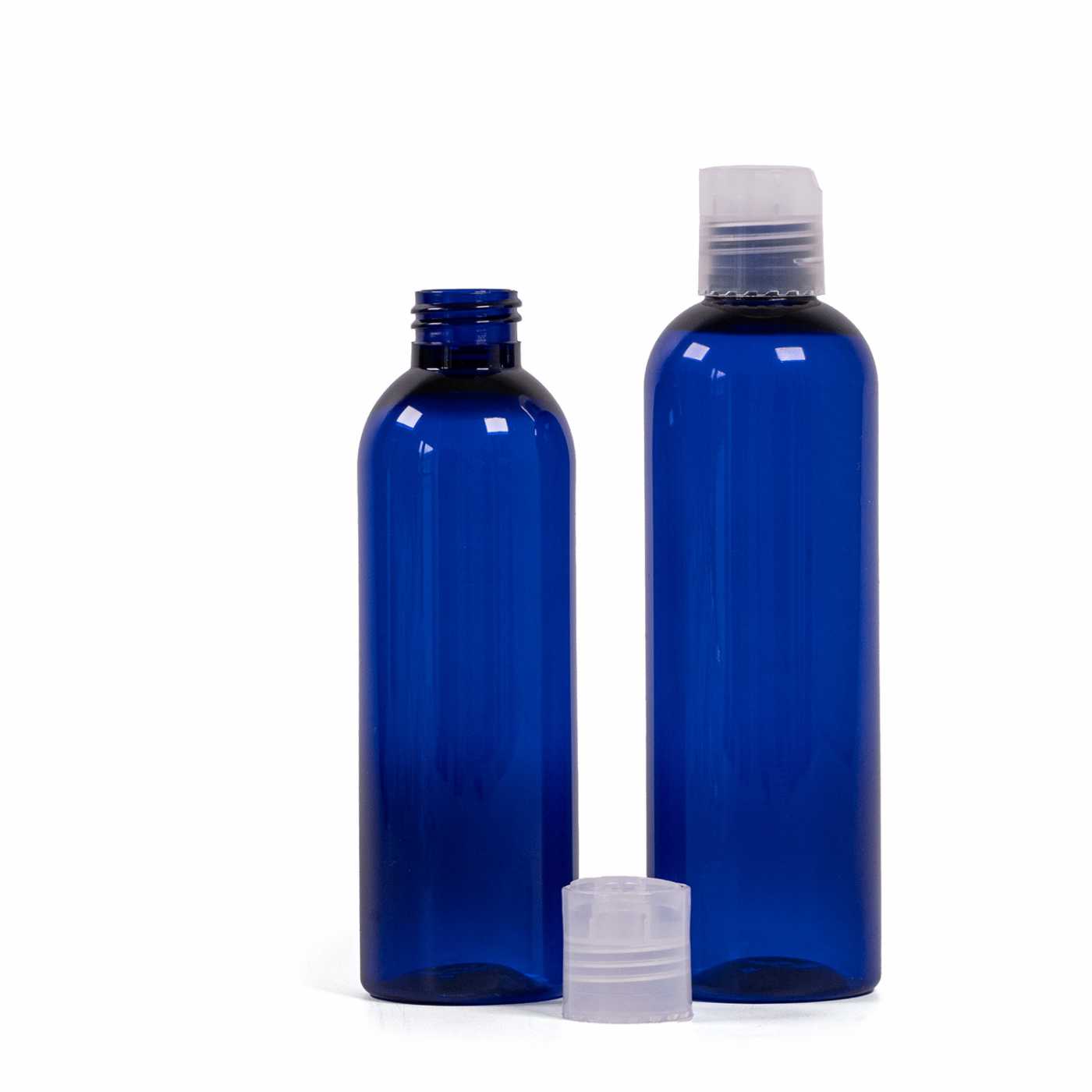 Bouteille en plastique bleue, bouchon disc-top transparent, 200 ml