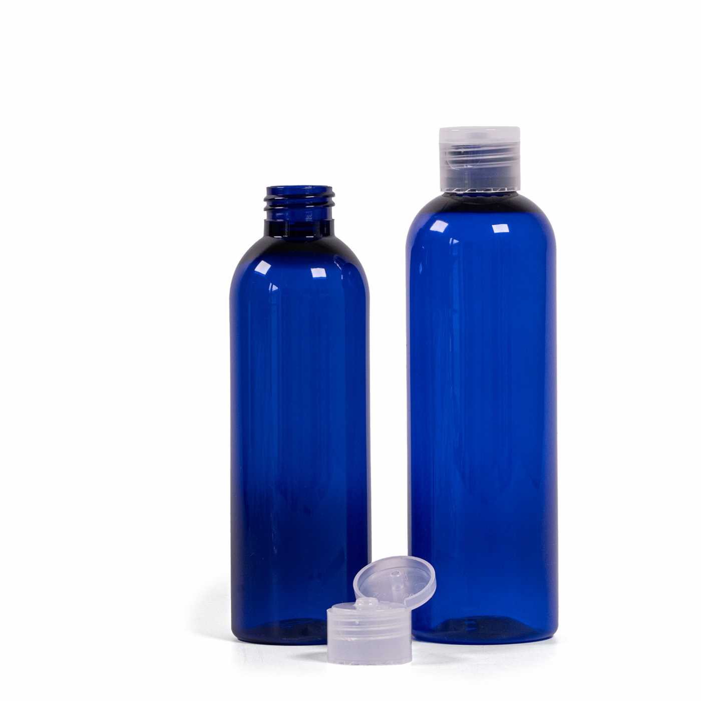 Bouteille en plastique bleue, bouchon flip-top transparent, 200 ml