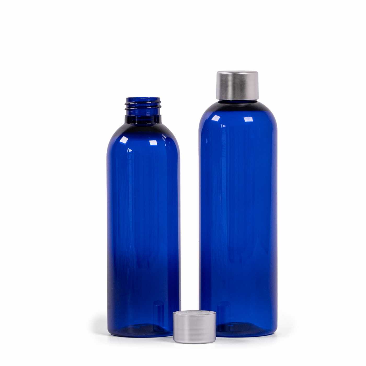 Plastová fľaša modrá, strieborný vrchnák, 200 ml