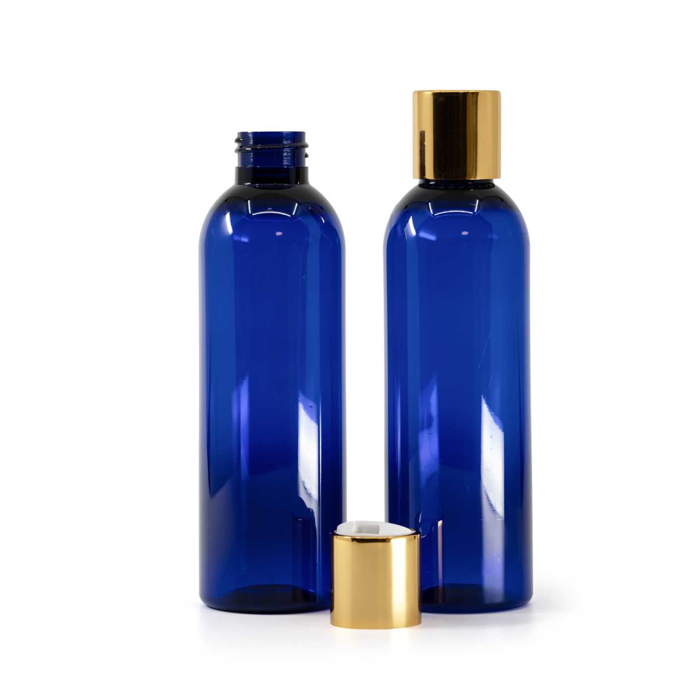 Plastová láhev, modrá, disc top víčko, zlaté, bílý střed, 200 ml