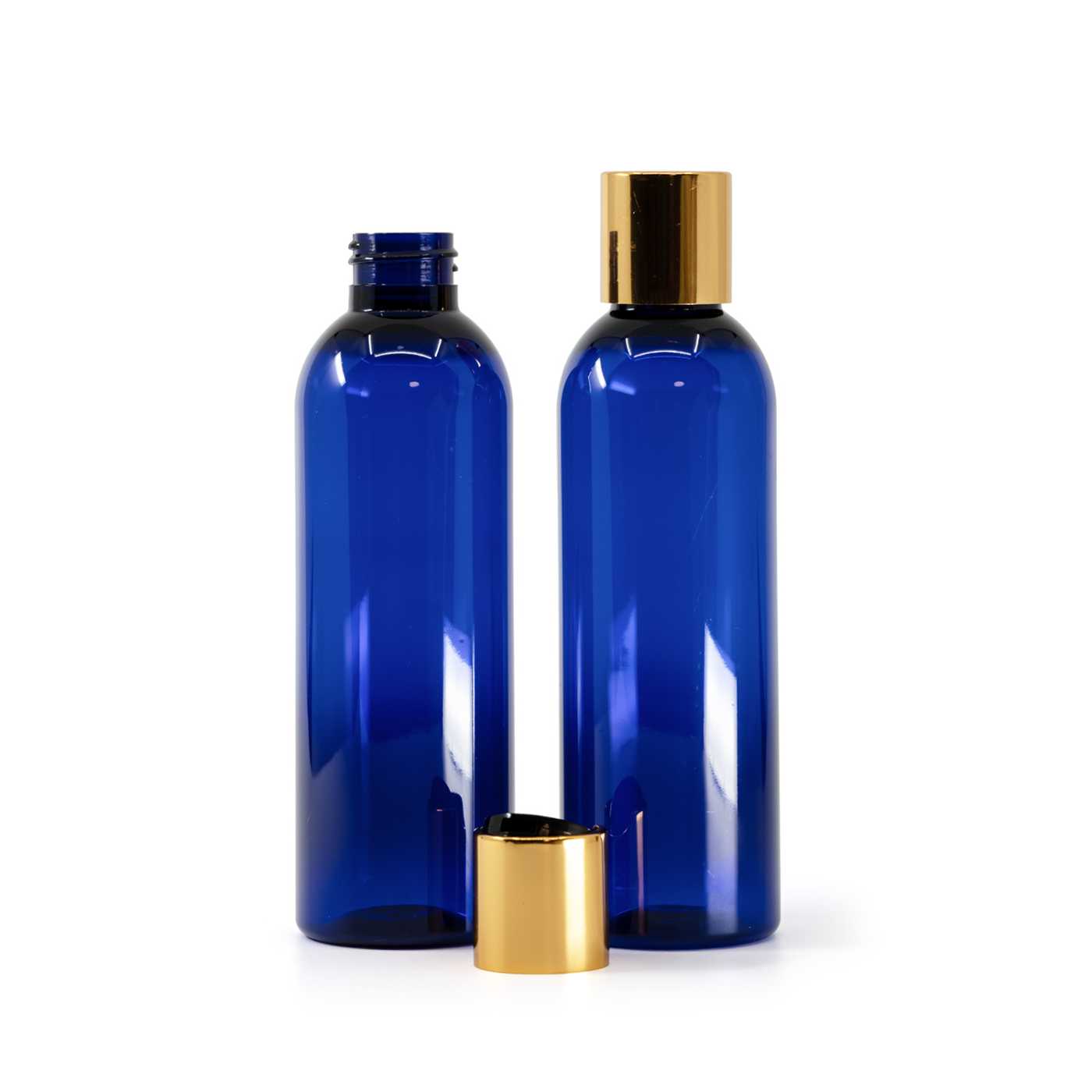 Butelka plastikowa, niebieska, disc top złoty, czarny środek, 200 ml