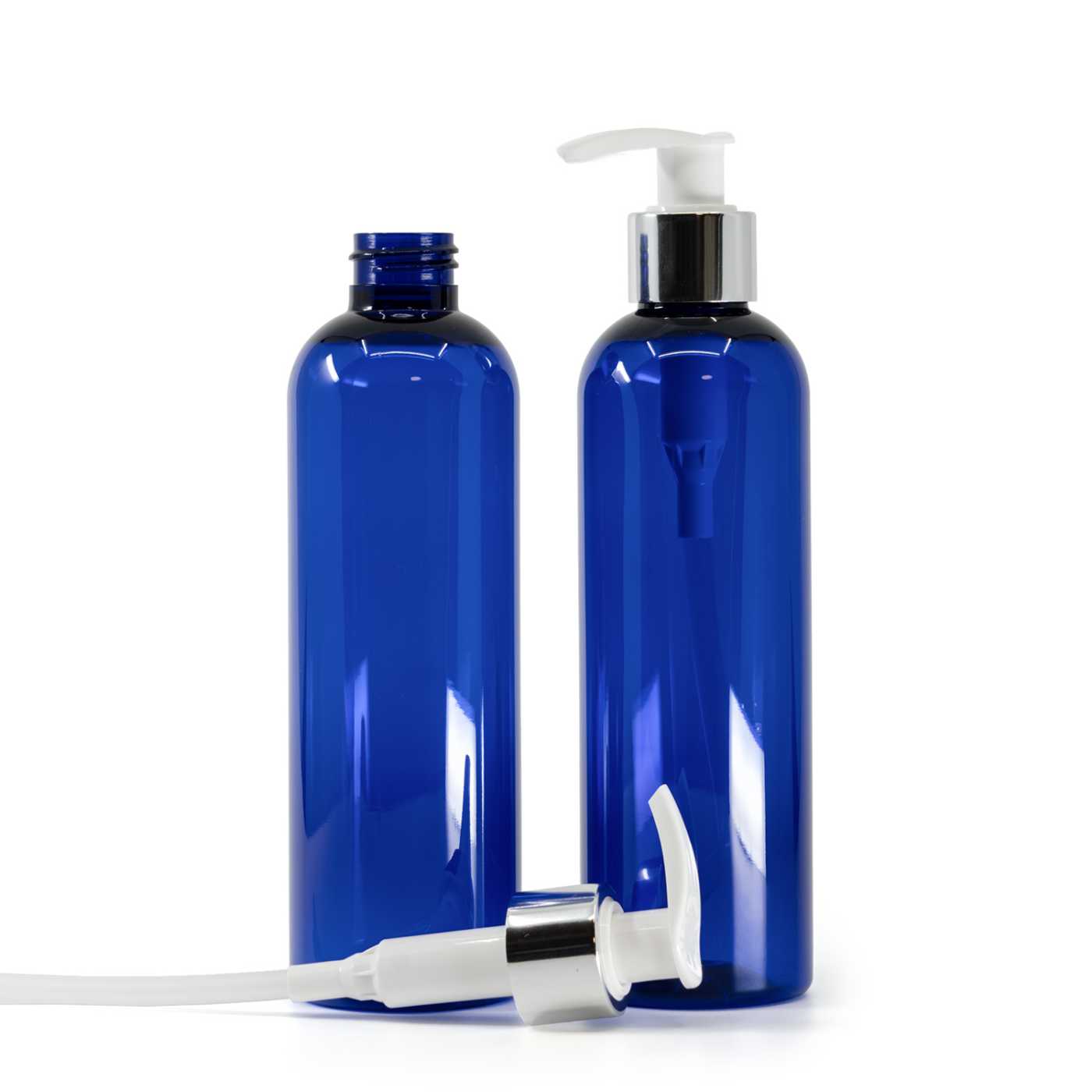 Bouteille en plastique bleue, pompe lotion blanche avec collerette argentée, 250 ml