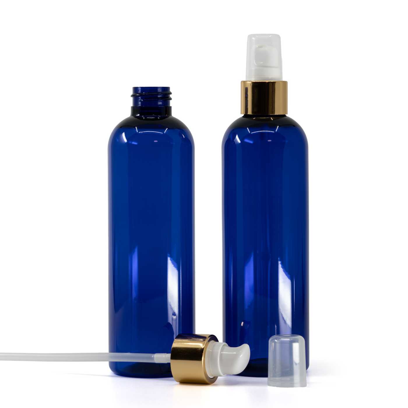 Bouteille en plastique bleue, pompe lotion avec surcapuchon, blanc-or, 250 ml