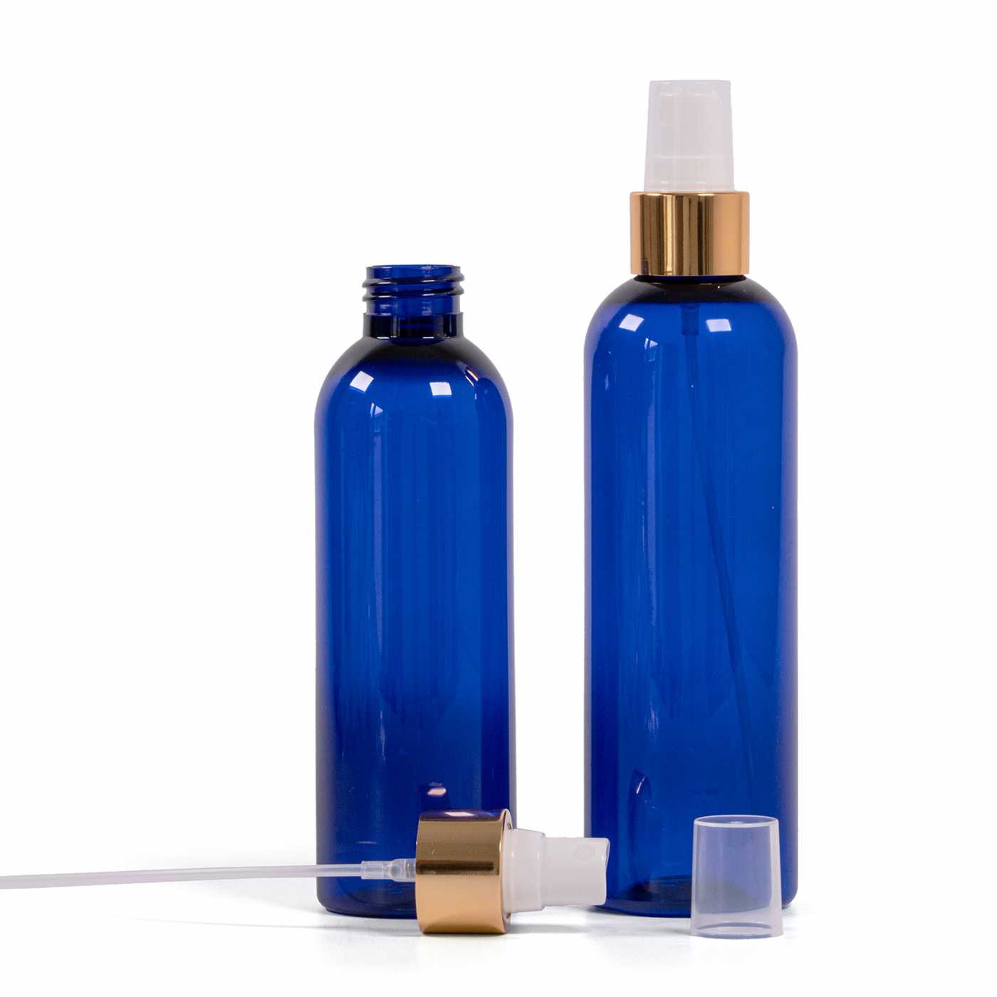 Flacon en plastique bleu, spray brume fine blanc, bague dorée brillante, 250 ml