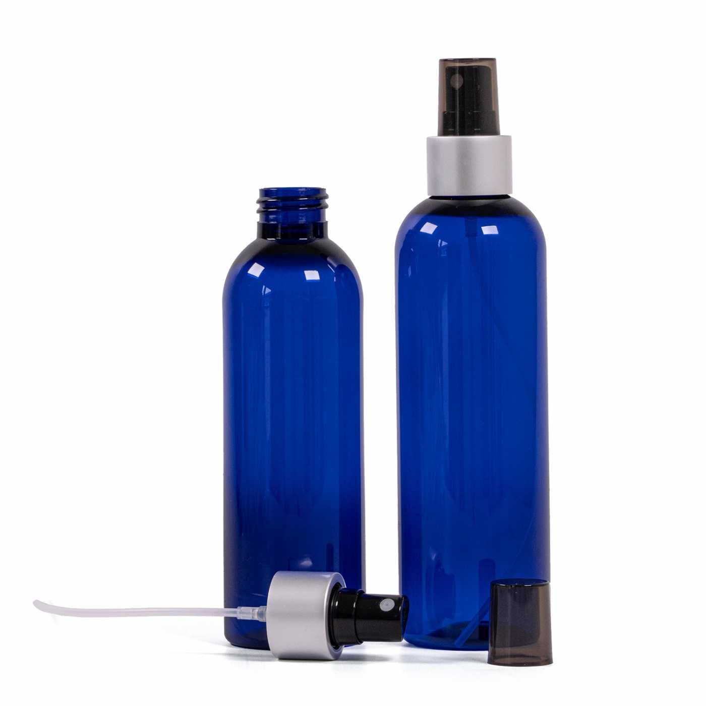 Plastová fľaša modrá, rozprašovač čierny, strieborná matná obruč, 250 ml