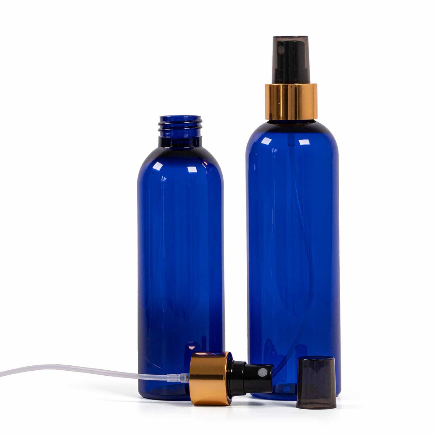 Botella de plástico azul, pulverizador negro, anillo dorado brillante, 250 ml