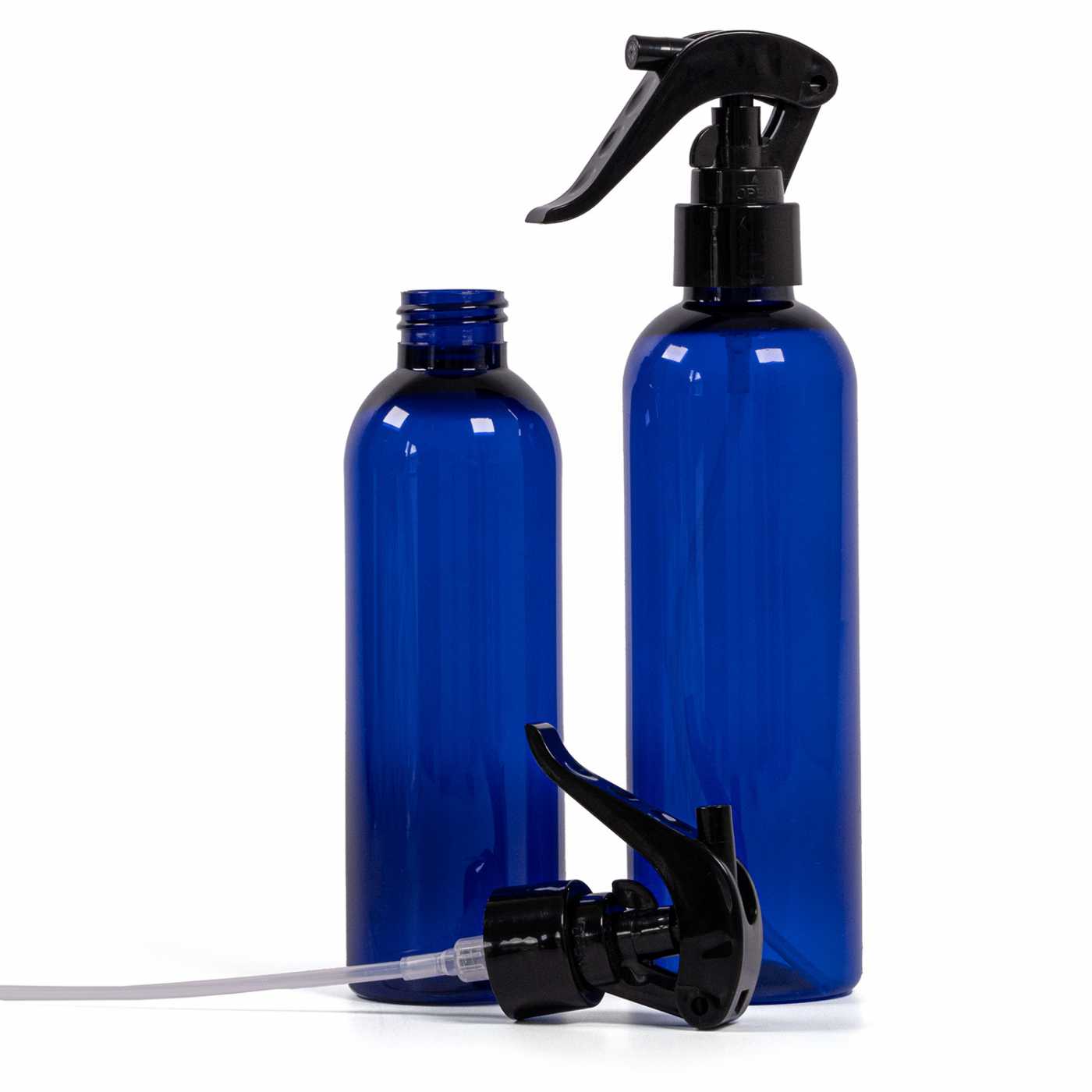 Botella de plástico azul, pulverizador de gatillo negro, 250 ml