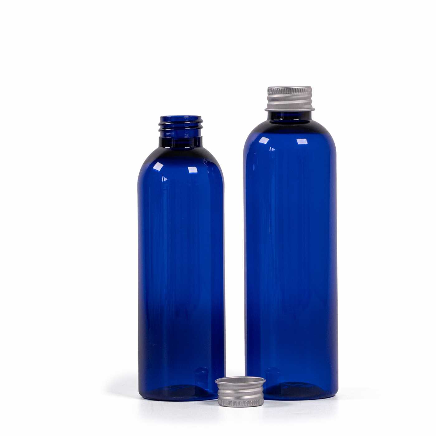 Butelka plastikowa, niebieska, nakrętka aluminiowa srebrna, 250 ml
