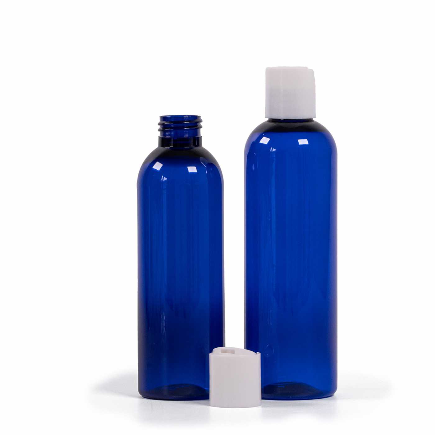 Botella de plástico azul, tapón disc-top blanco, 250 ml