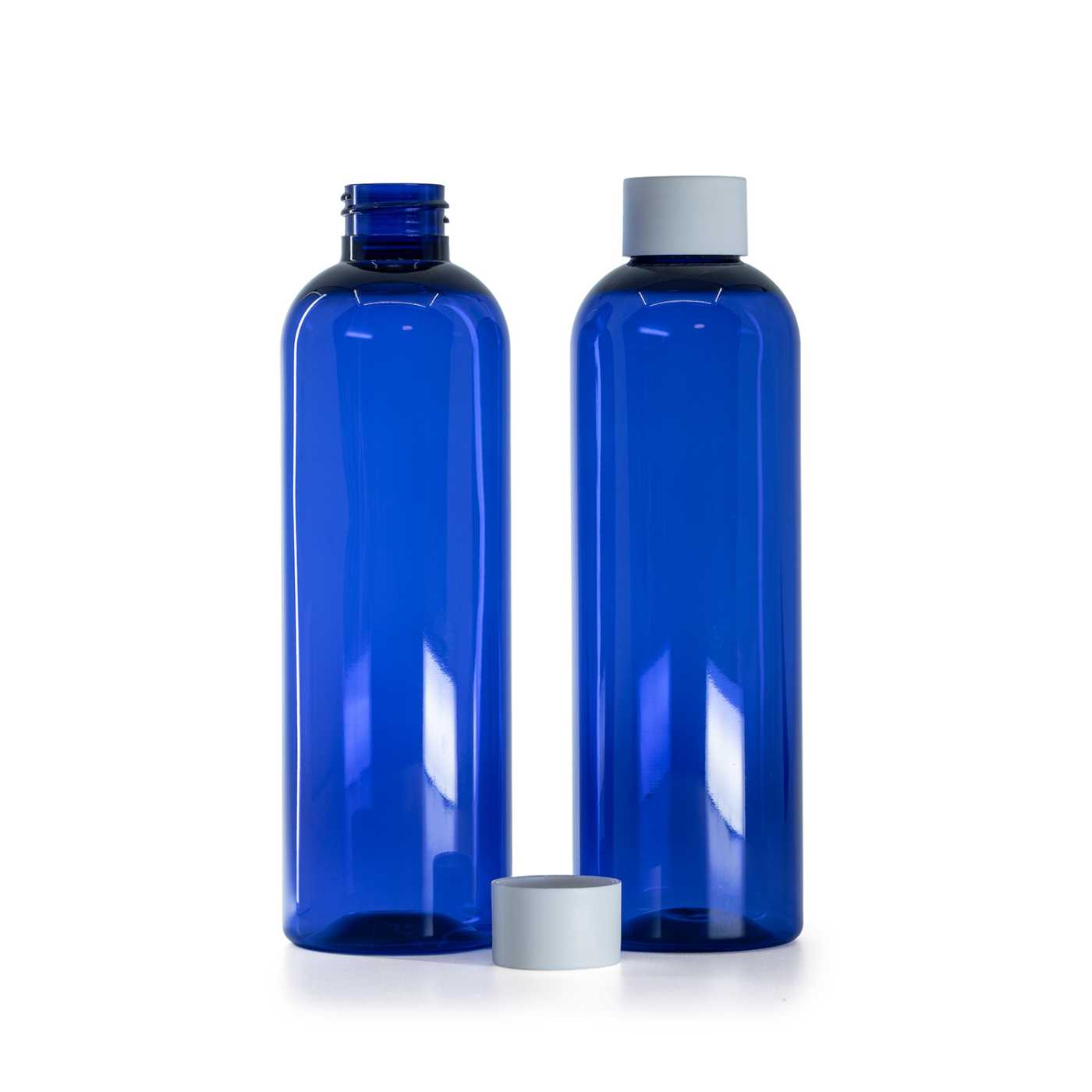 Botella de plástico azul, tapón blanco mate, 250 ml