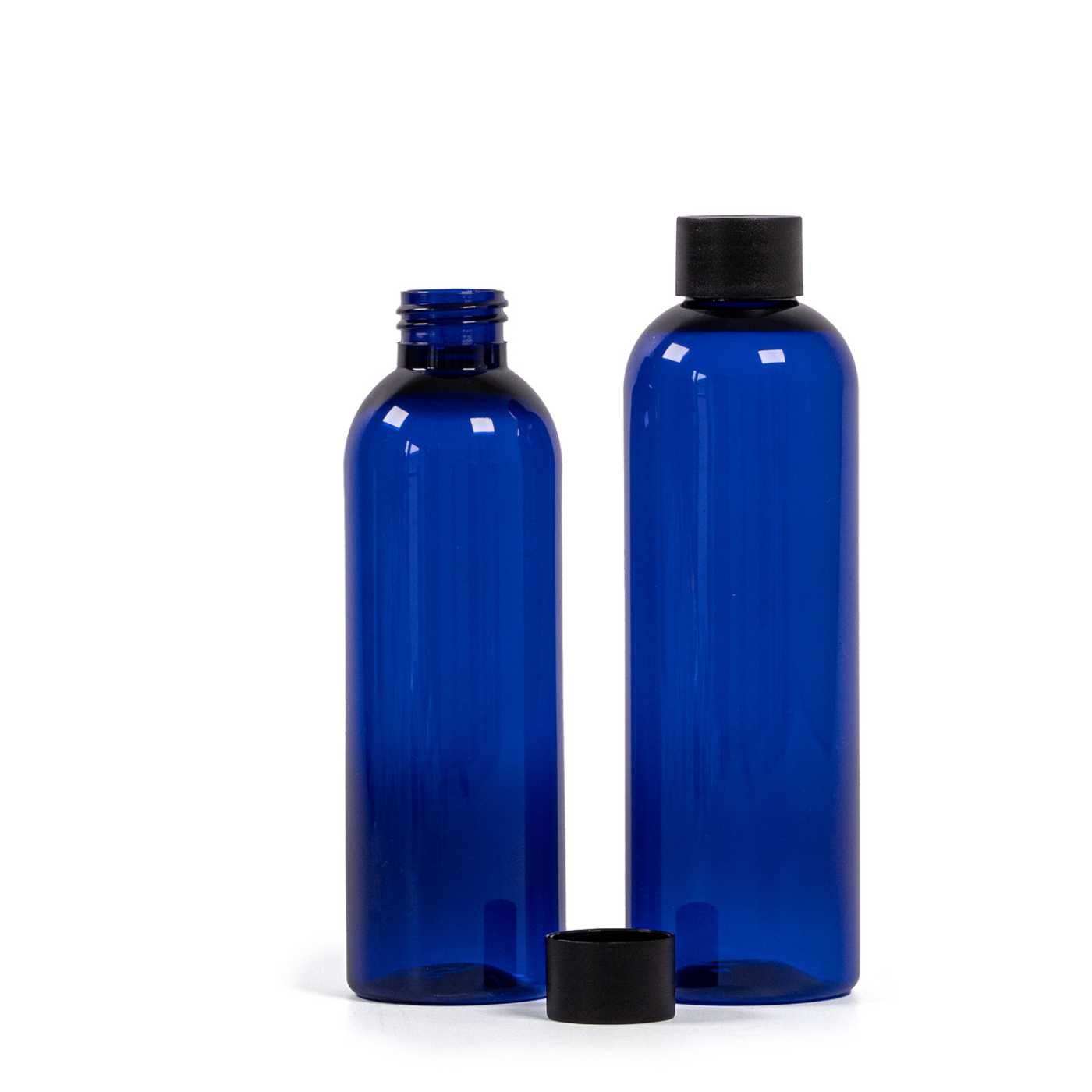 Plastová fľaša modrá, 24/410, matný čierny vrchnák, 250 ml