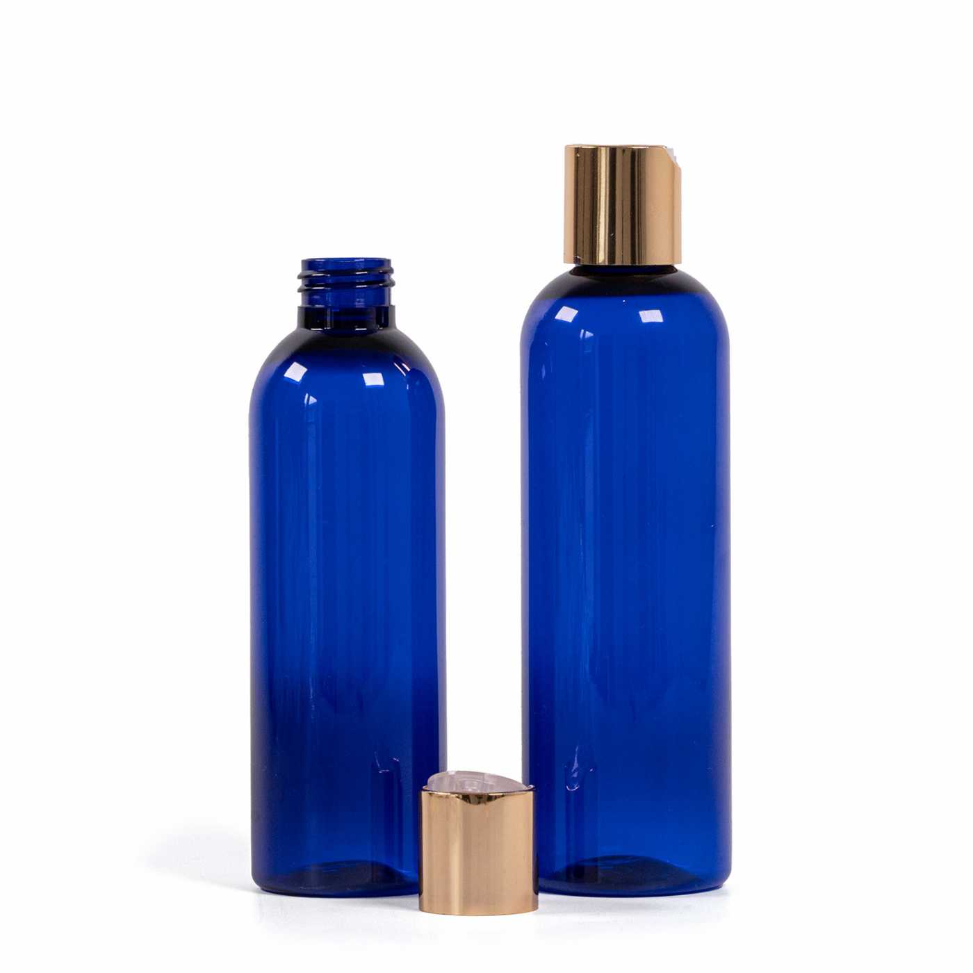 Flacon en plastique bleu, bouchon flip-top doré, 250 ml