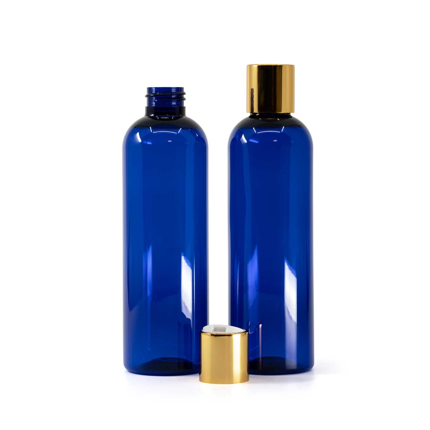 Bouteille en plastique bleue, bouchon disc-top blanc avec bague dorée, 250 ml