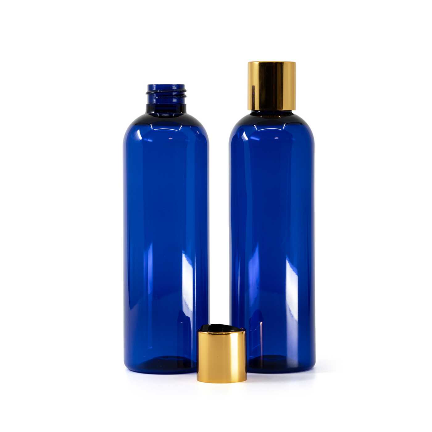 Butelka plastikowa, niebieska, disc top złoty, czarny środek, 250 ml
