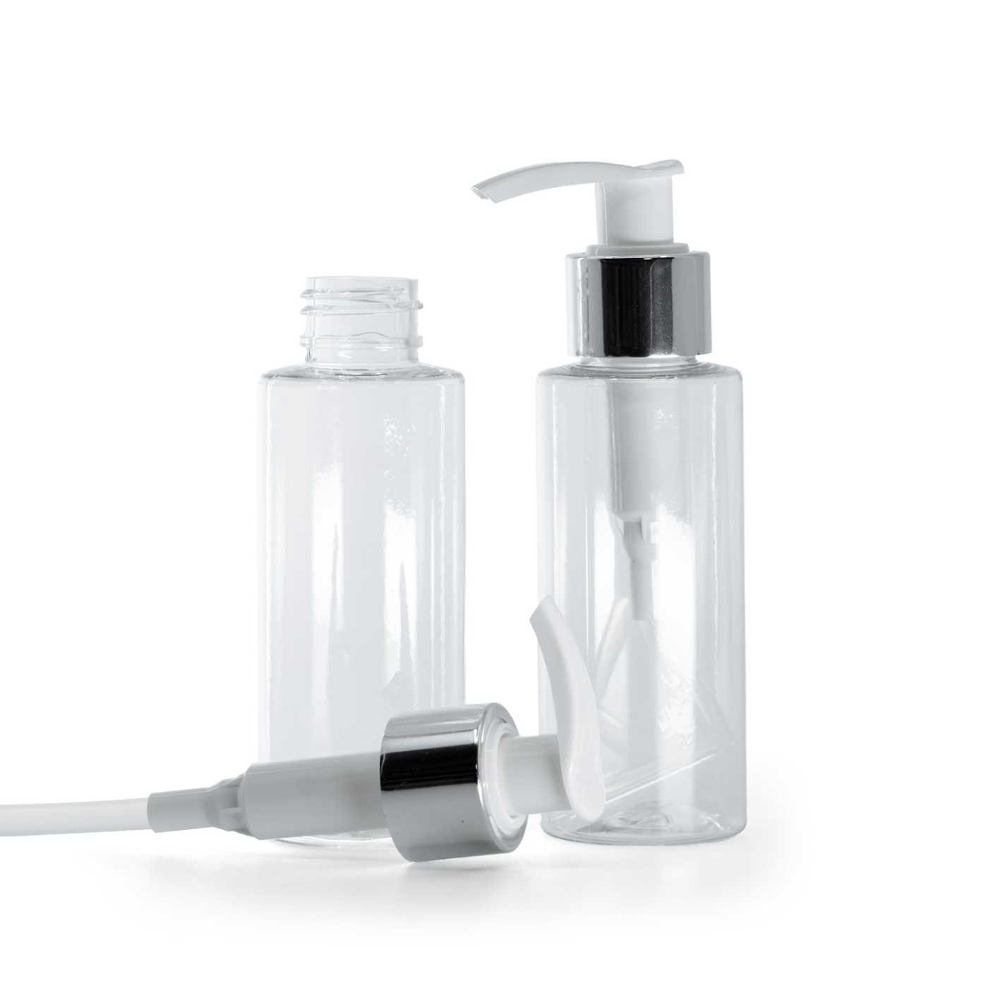 Flacon en plastique transparent, pompe lotion blanche avec collerette argentée brillante, 100 ml