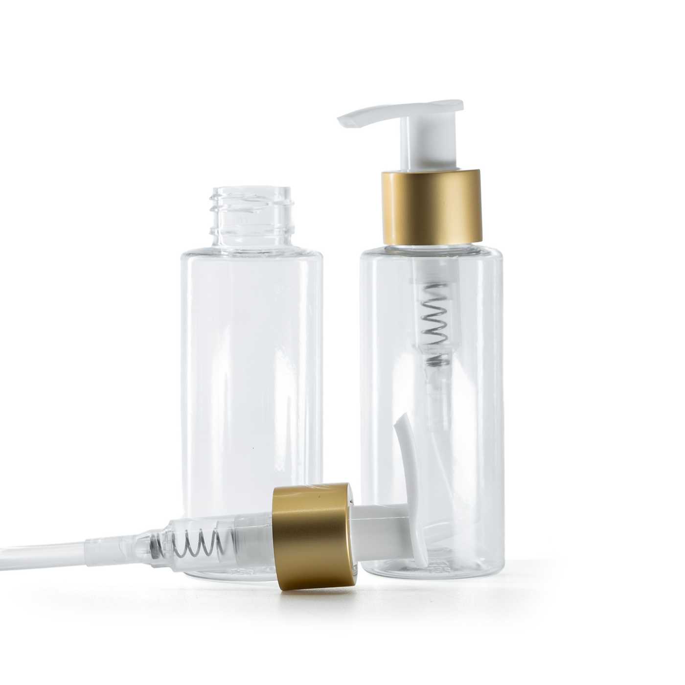Plastová fľaša priehľadná, bielo-zlatý matný dávkovač, 100 ml