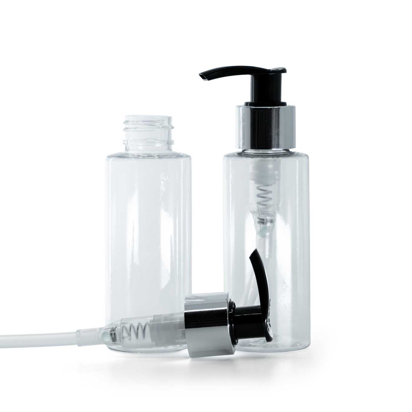 Plastová fľaša priehľadná, čierno-strieborný dávkovač, 100 ml