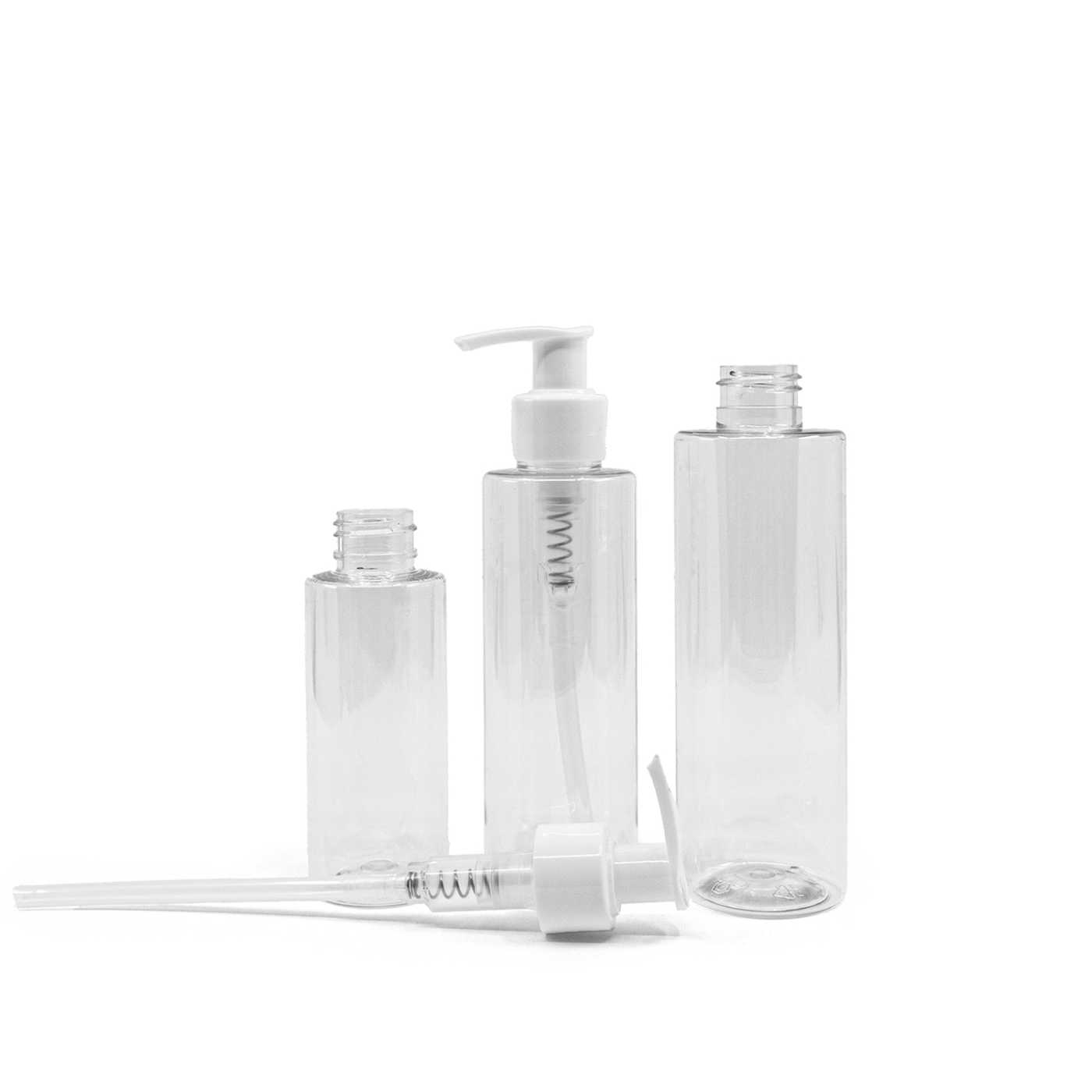Flacon en plastique transparent, pompe blanche, 100 ml