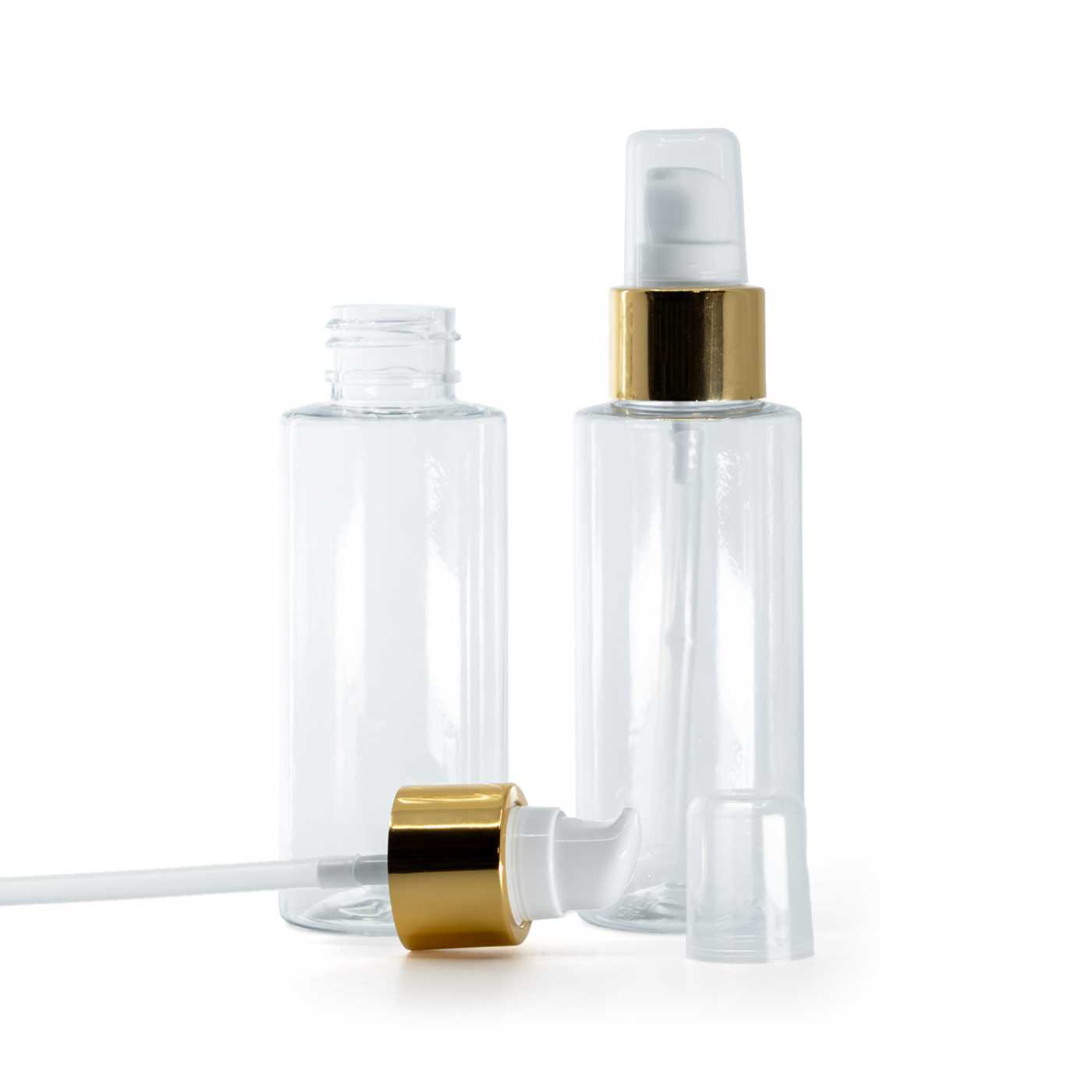 Flacon en plastique transparent, pompe à lotion avec surcapuchon, blanc-or, 100 ml