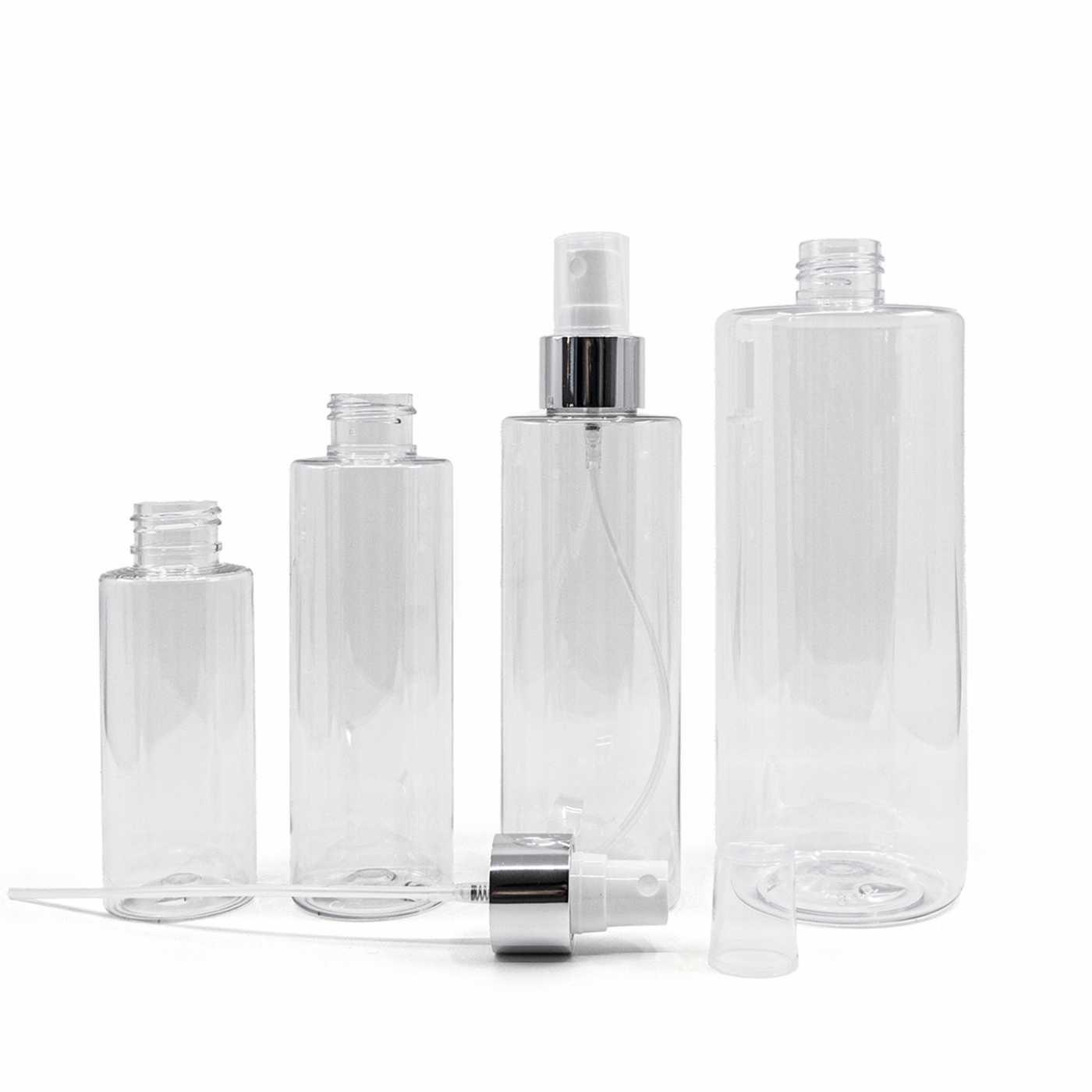 Plastová fľaša priehľadná, biely rozprašovač, strieborná lesklá obruč, 100 ml