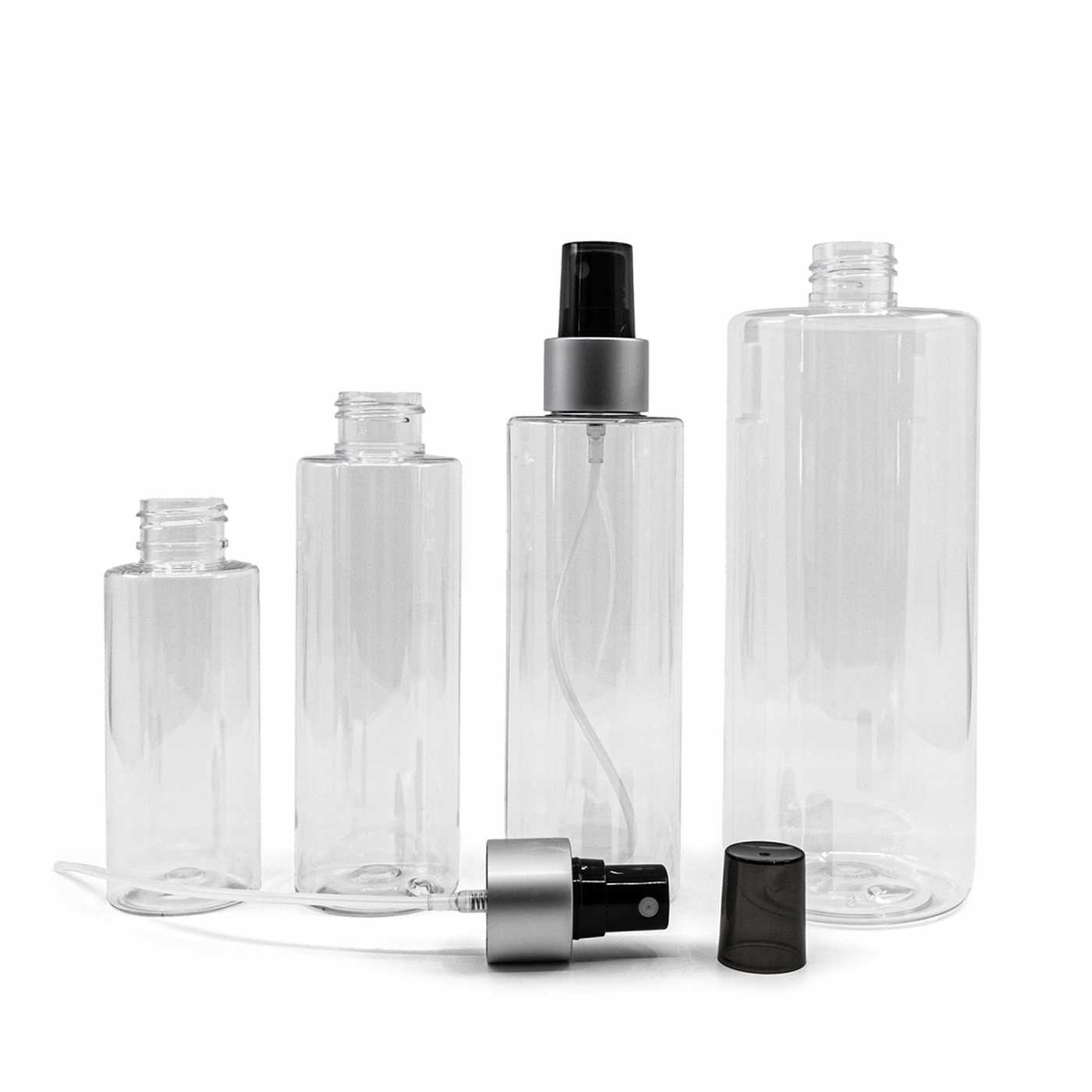 Plastová fľaša priehľadná, rozprašovač čierny, strieborná matná obruč, 100 ml