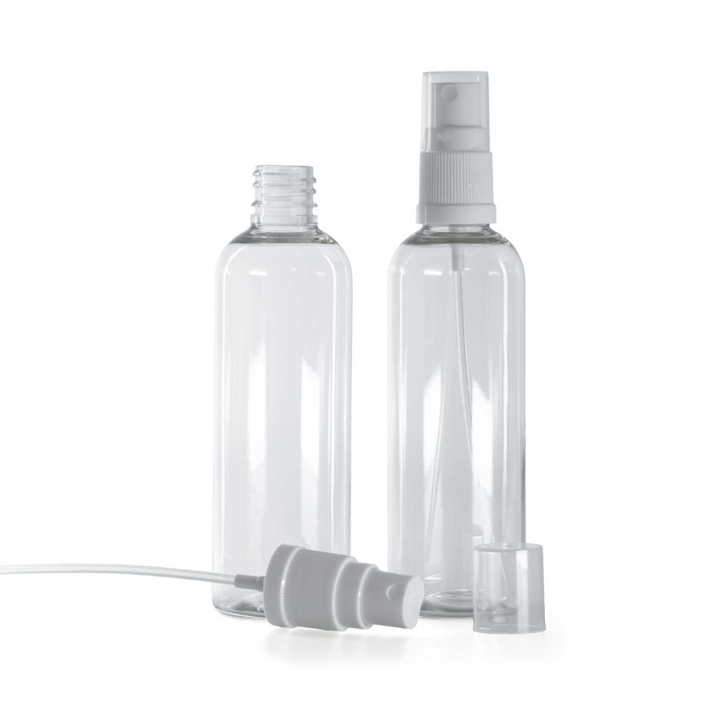 Plastová fľaša, priehľadná, biely rozprašovač, 100 ml