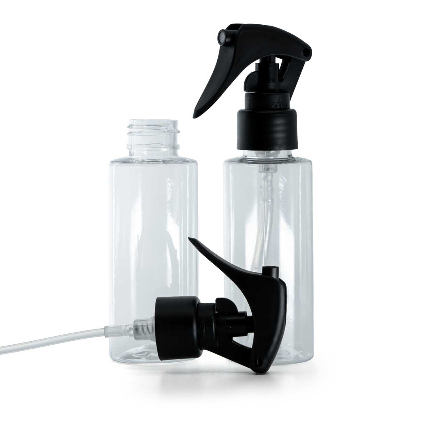 Frasco de plástico transparente, pulverizador de gatillo negro mate, cuello liso, 100 ml