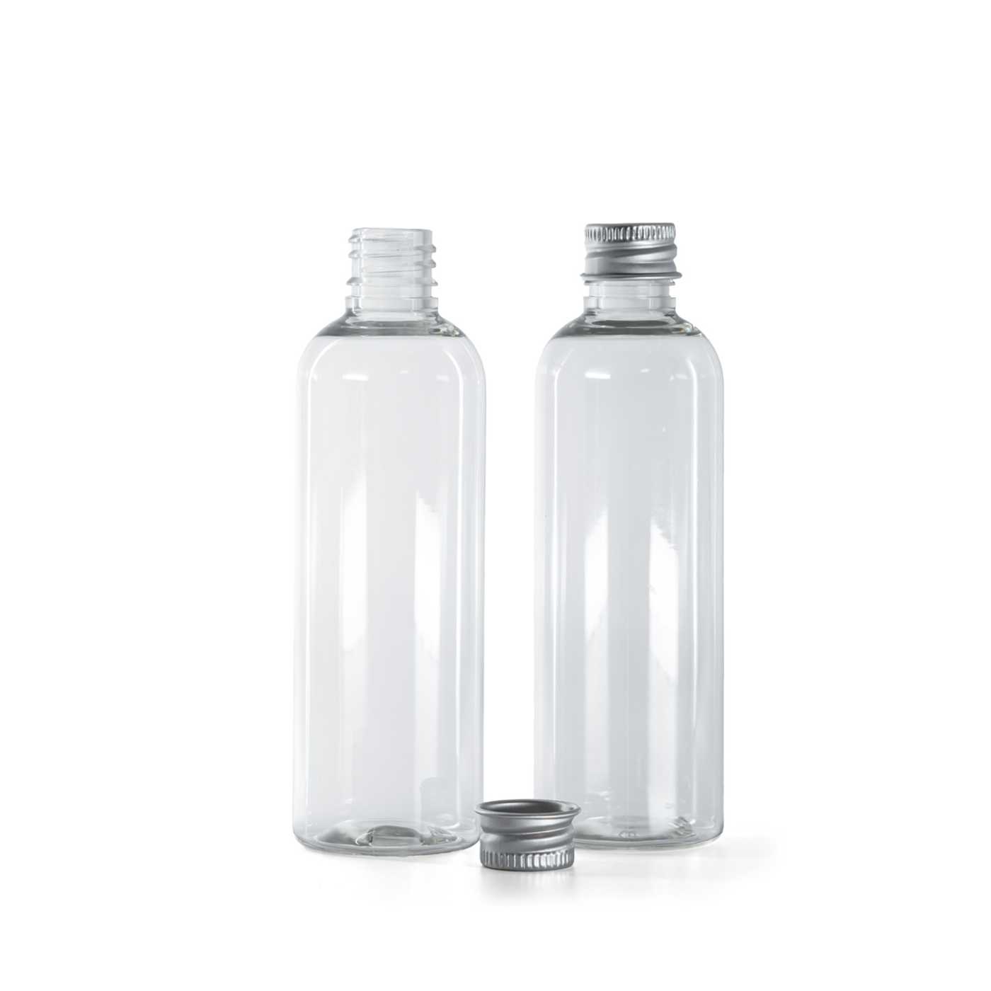 Flacon en plastique transparent, bouchon en aluminium, 100 ml