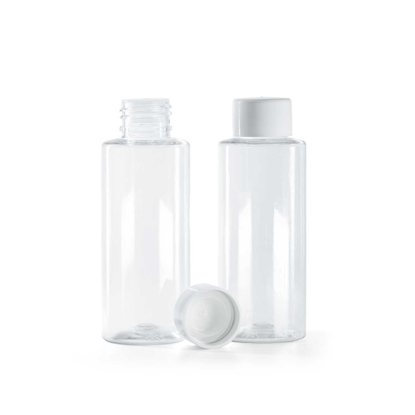 Flacon en plastique transparent, bouchon blanc lisse avec réducteur, 100 ml
