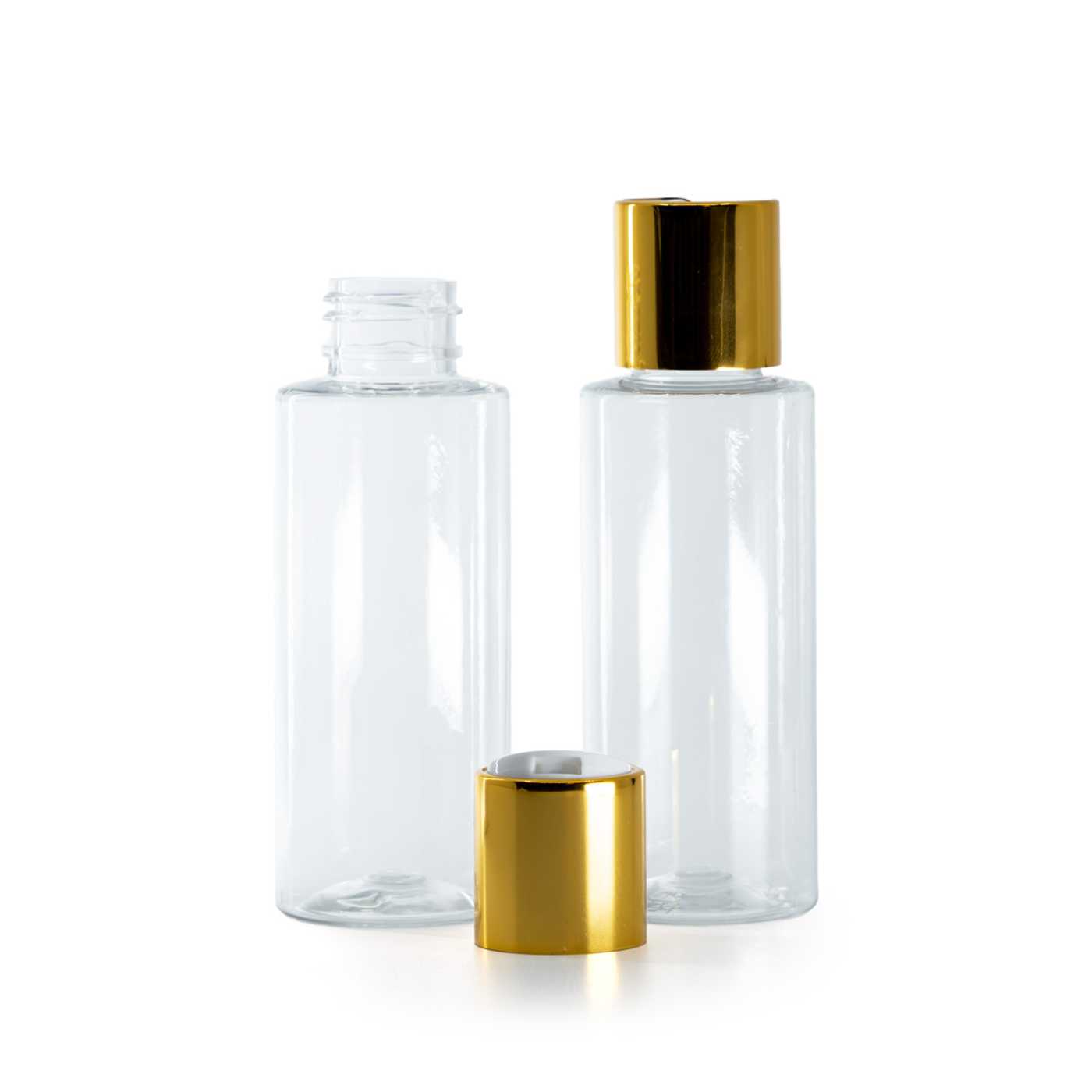 Flacon en plastique transparent, bouchon disc-top, doré, insert blanc, 100 ml
