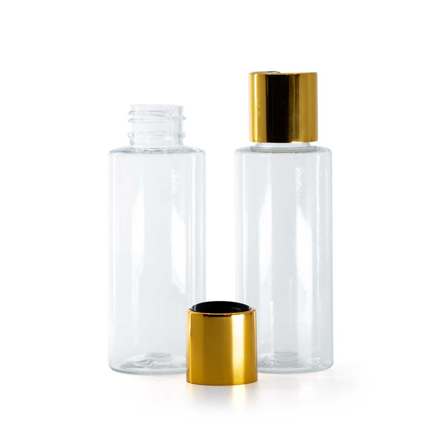 Flacon en plastique transparent, bouchon disc-top noir avec bague en aluminium doré, 100 ml