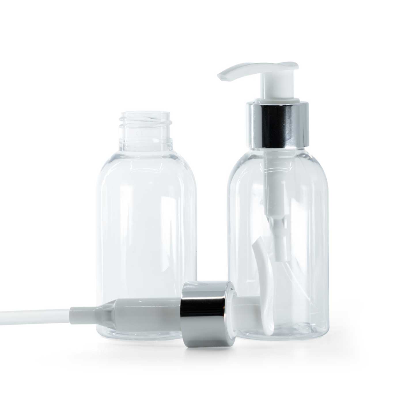 Plastová fľaša priehľadná okrúhla, bielo-strieborný dávkovač, 100 ml