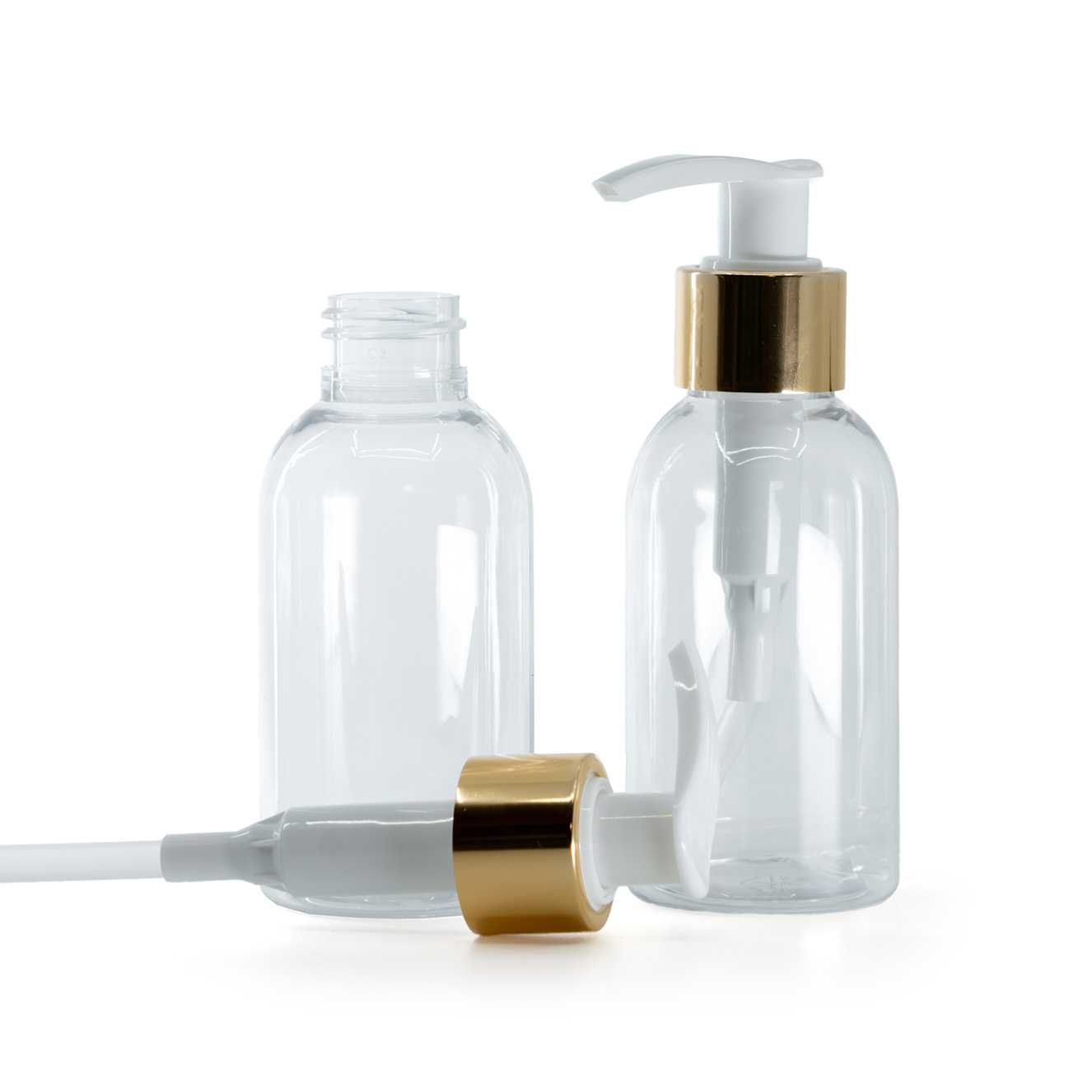 Plastová fľaša priehľadná, okrúhla, bielo-zlatý dávkovač, 100 ml
