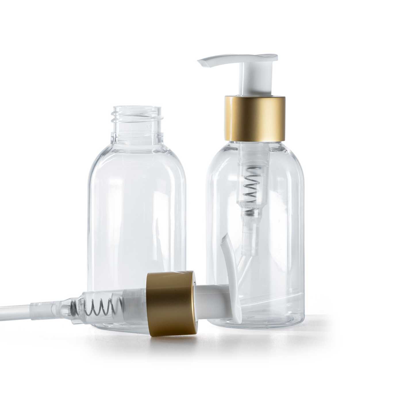 Plastová fľaša priehľadná, okrúhla, bielo-zlatý matný dávkovač, 100 ml