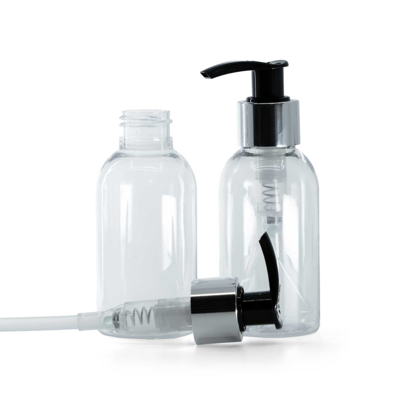 Plastová fľaša priehľadná, okrúhla, čierno-strieborný dávkovač, 100 ml