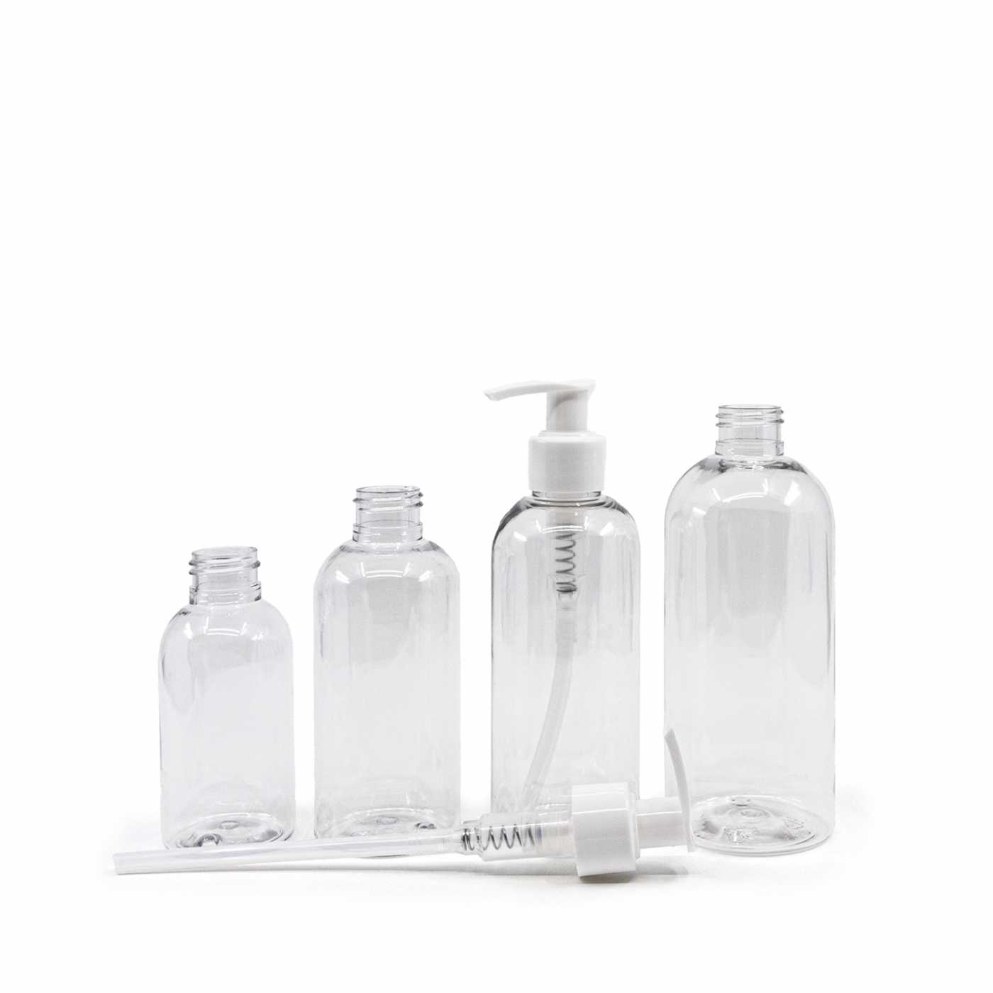 Plastová fľaša priehľadná okrúhla, biely dávkovač, 100 ml