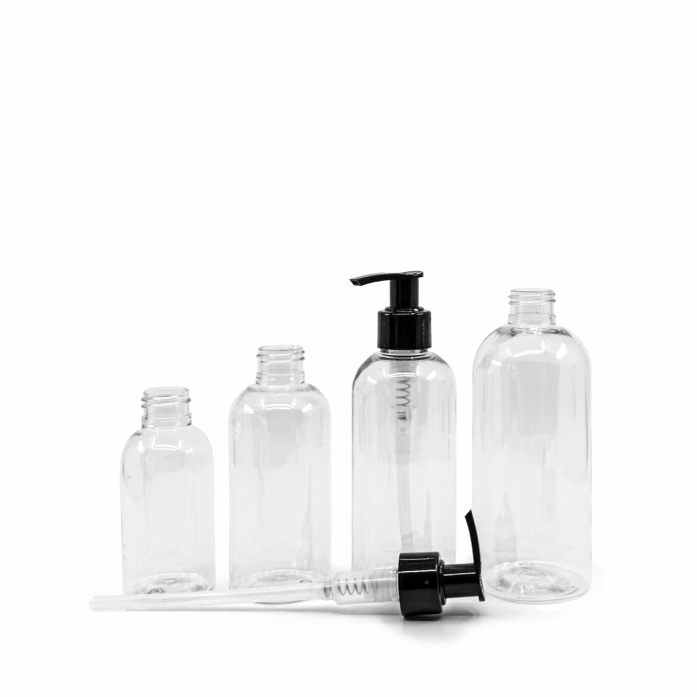 Plastová fľaša priehľadná okrúhla, čierny dávkovač, 100 ml