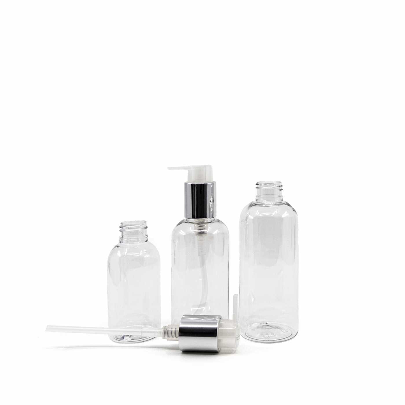 Plastová fľaša priehľadná okrúhla, strieborný dávkovač, 100 ml