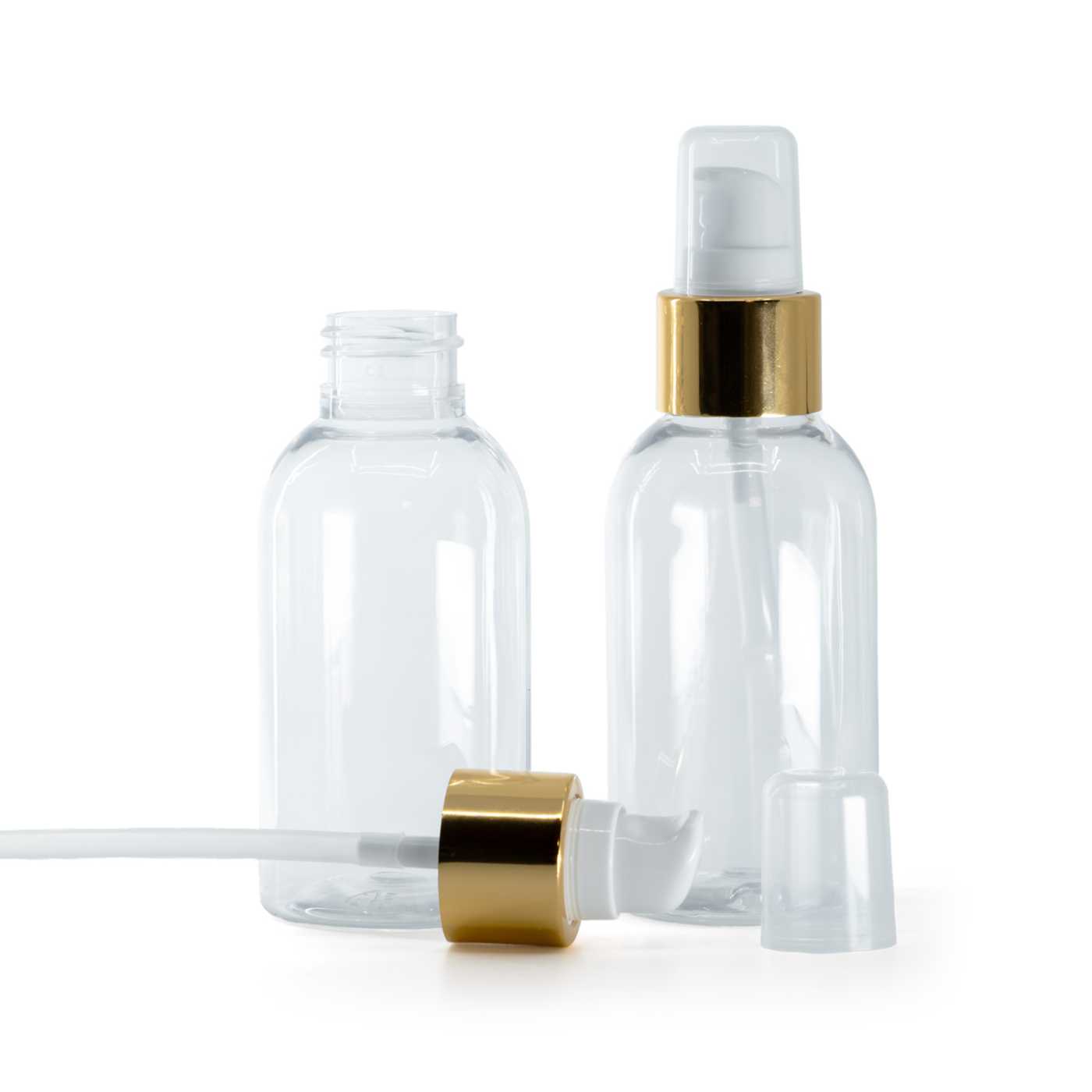 Plastová fľaša priehľadná, okrúhla, dávkovač s krytkou, bielo-zlatý, 100 ml