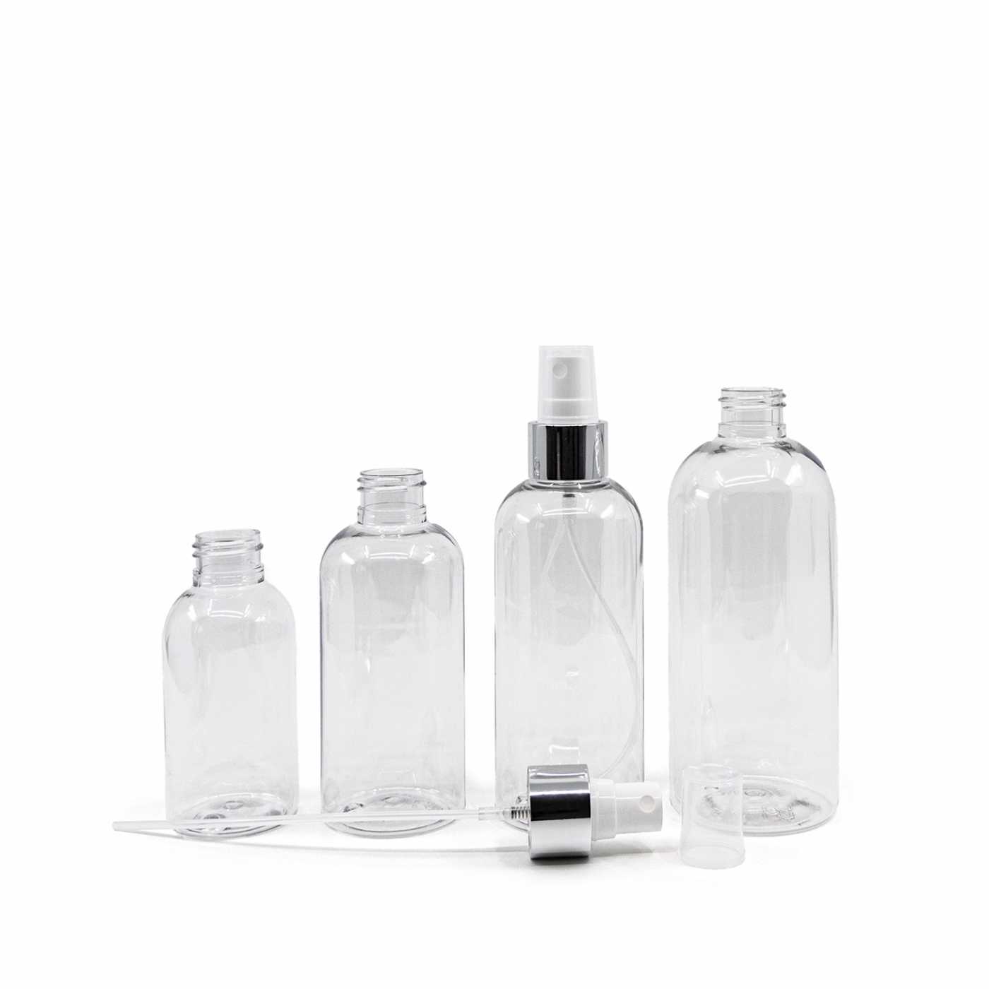 Plastová fľaša priehľadná okrúhla, biely rozprašovač, strieborná lesklá obruč, 100 ml