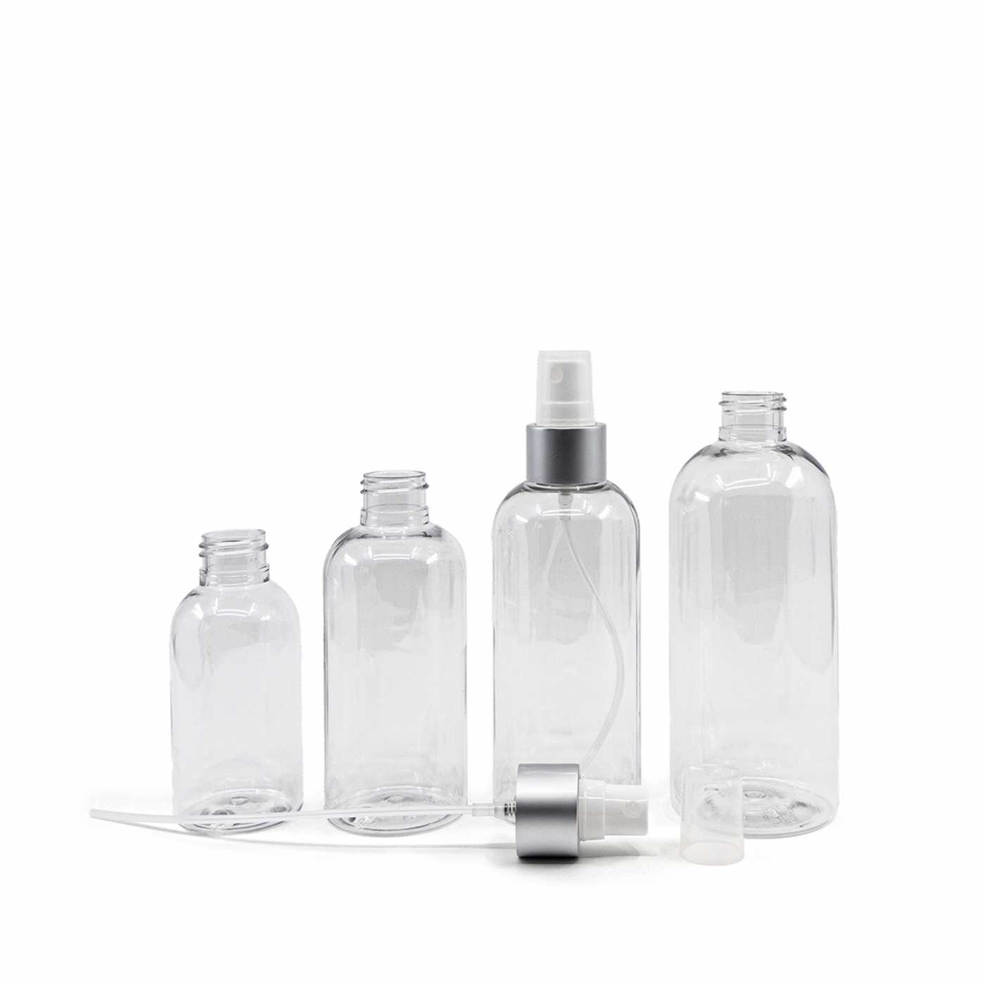 Plastová fľaša priehľadná okrúhla, biely rozprašovač, strieborná matná obruč, 100 ml