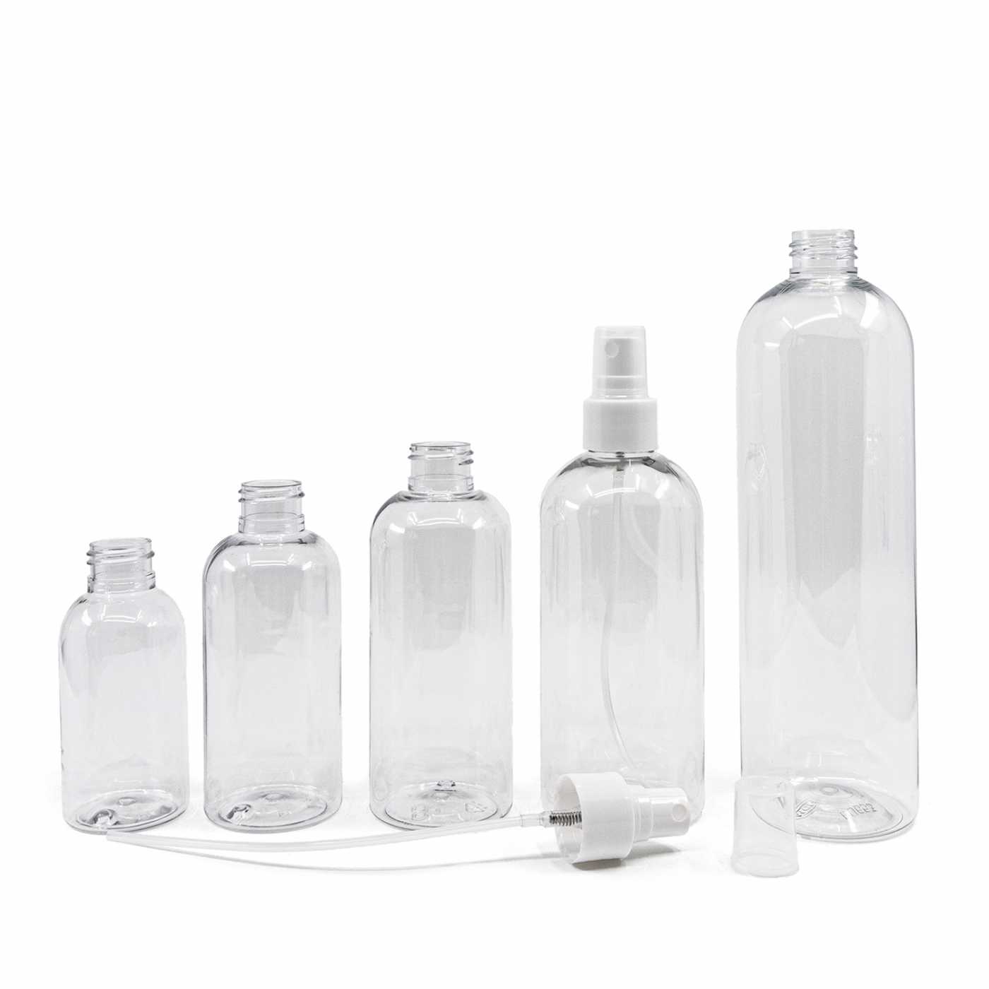 Plastová fľaša priehľadná okrúhla, biely rozprašovač 100 ml