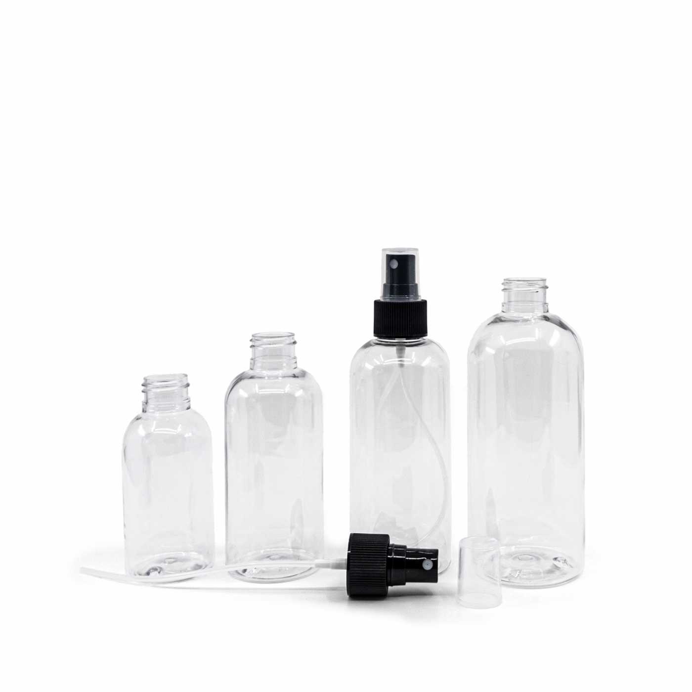 Plastová fľaša priehľadná okrúhla, čierny rozprašovač, 100 ml