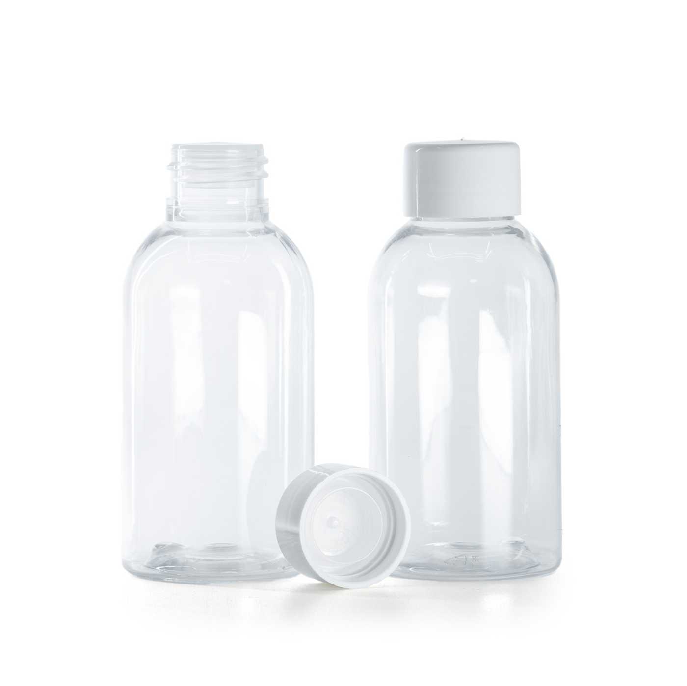 Plastová fľaša priehľadná okrúhla, vrchnák hladký biely s redukciou, 100 ml