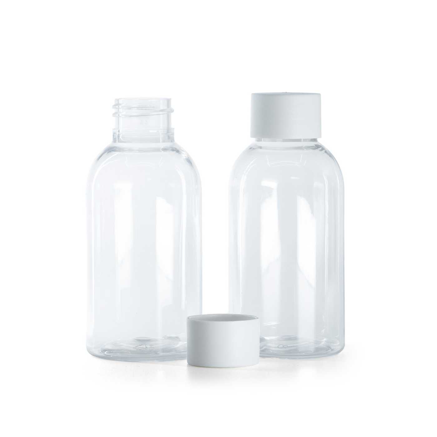 Plastová fľaša priehľadná okrúhla, vrchnák matný biely, 100 ml